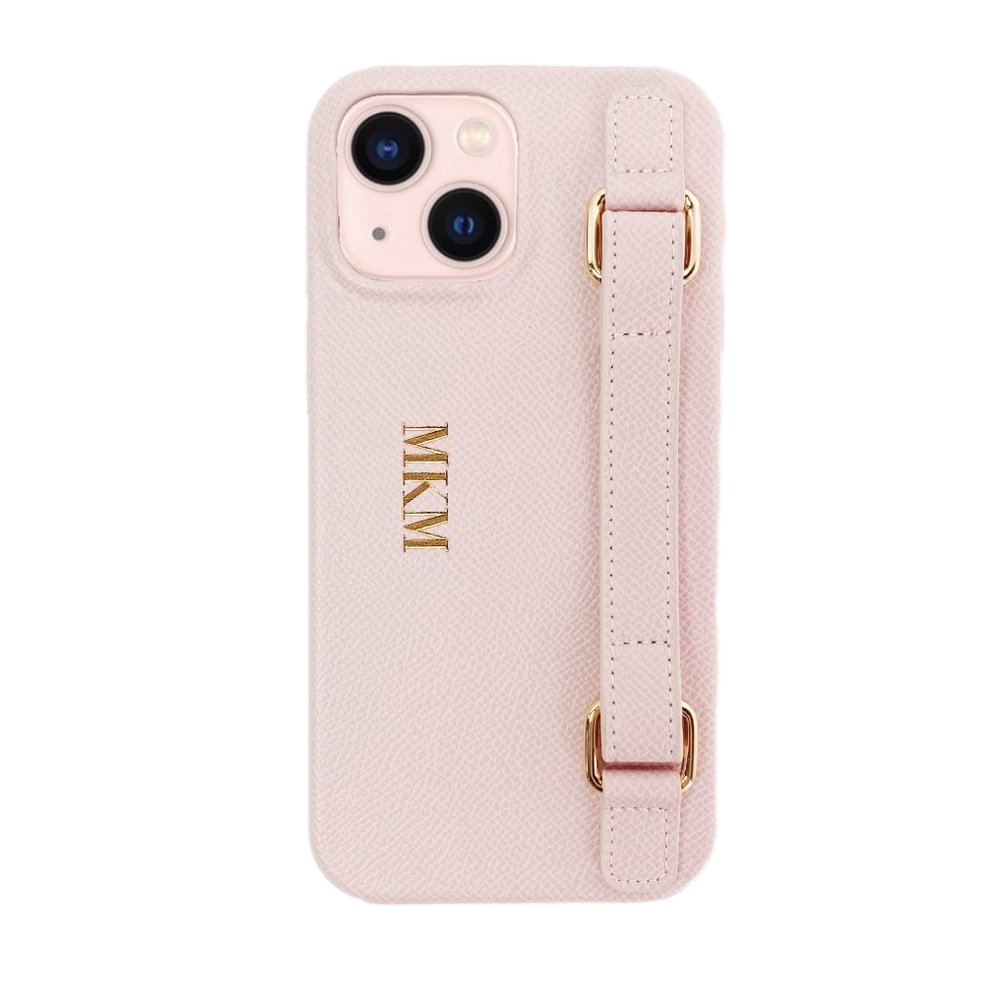 Personalized Custom Pink iPhone 13 Leather Case Handle Loop - Mini